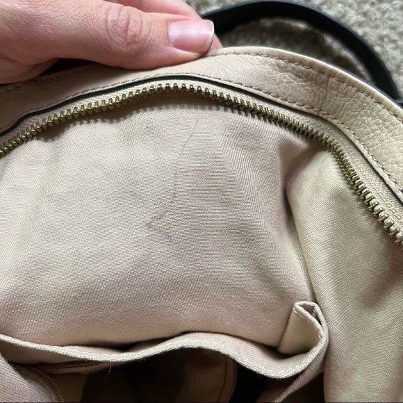 Fossil Emerson Color Block Side Pocket Satchel Tote Purse Leather Tan Black - Picture 6 of 10